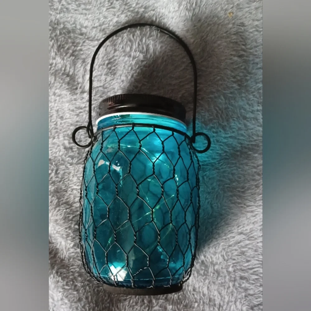 Blue glass decorative lantern w/ battery operated fairy lights